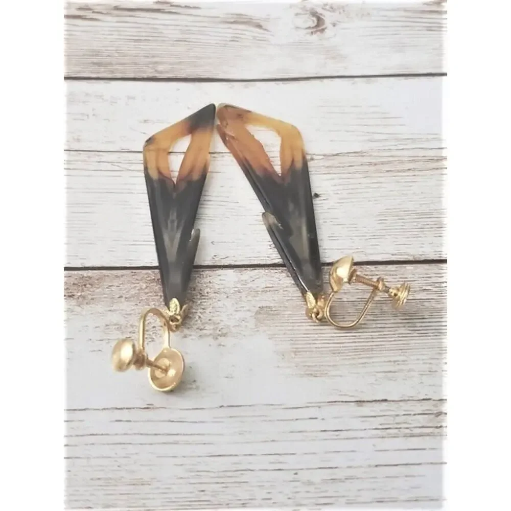 Vintage Screw On Earrings Black & Orange Jagged Triangle Statement Long Dangle